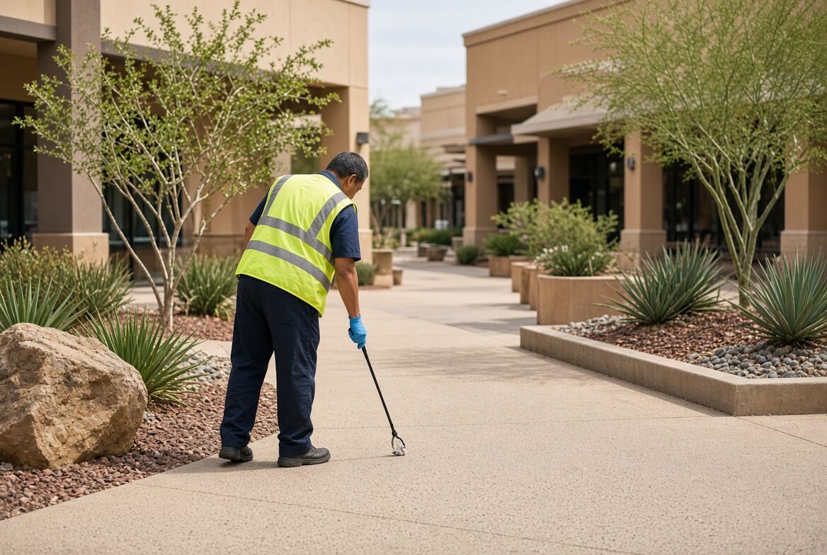 Day porter removing litter on a shopping center walkway
