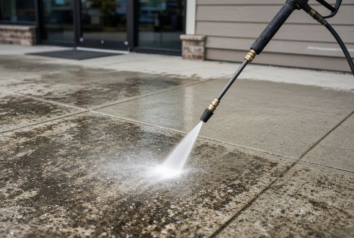 Hot water pressure washing grease and gum off commercial concrete