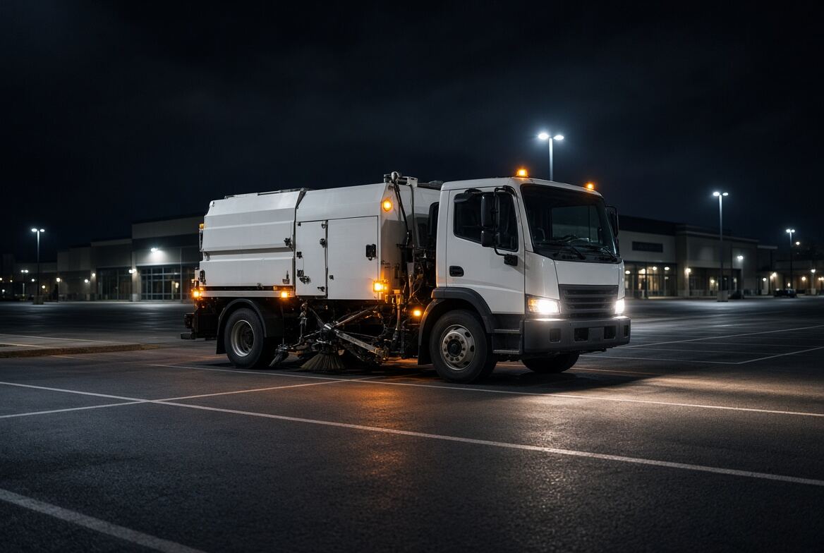 Night parking lot sweeper working a retail lot in Albuquerque